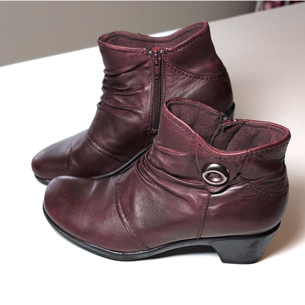 Women's Earth Origins Burgundy Leather Ankle Boots Button Zipper Ruched Zip